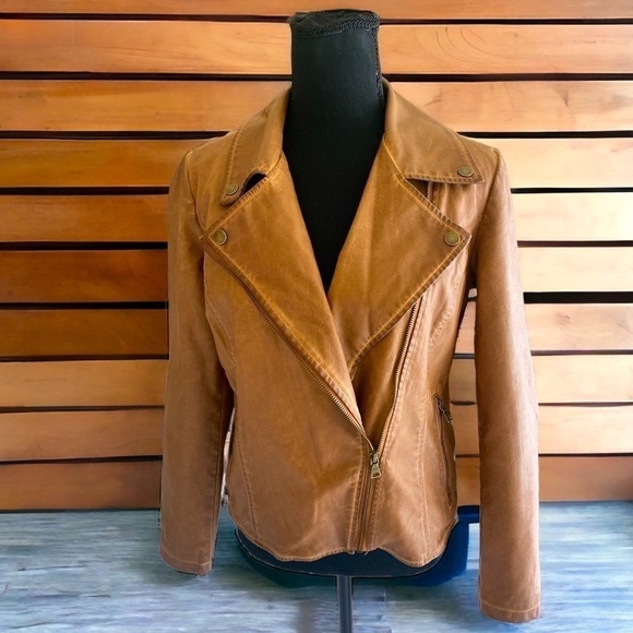 BAGATELLE Faux Leather Cropped Moto Jacket Size Small Caramel Brown X-Co… - Picture 9 of 9